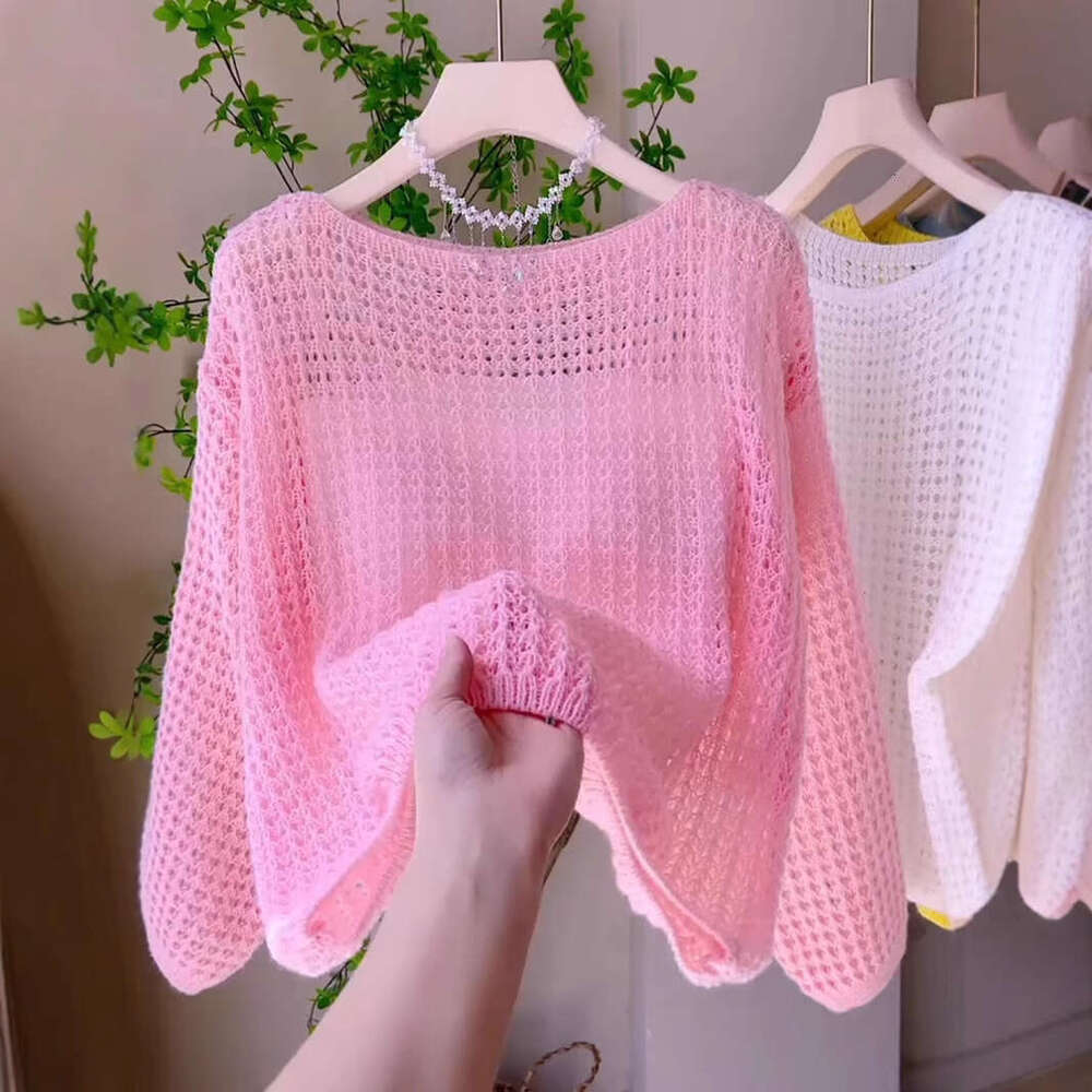 Summer New Gentle Sweet Pink Hollow Knit Top Women Off-Shoulder Long Sleeve Thin Shawl Cover-Up