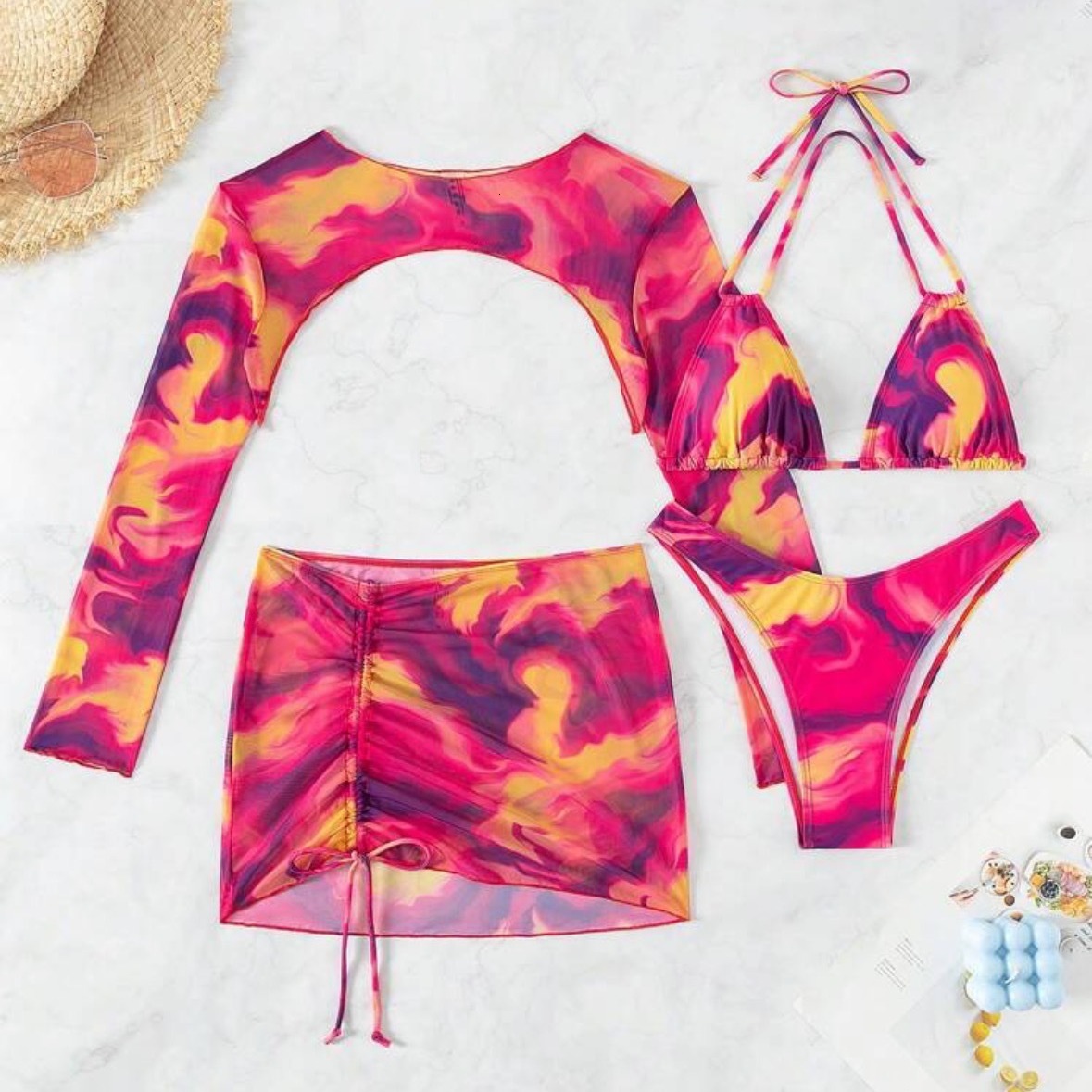 Free Shipping High Value In stock 2026new European and American style tie-dye printed four-piece bikini swimsuit, sexy women's swimwear