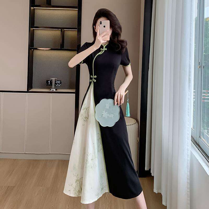The 2026 Summer New Model: Chinese-Style Zen-Inspired Retro Modified Cheongsam, Faux Two-Piece, Waist-Cinching, Slimming, Long Dress Qipao Hanfu Silk