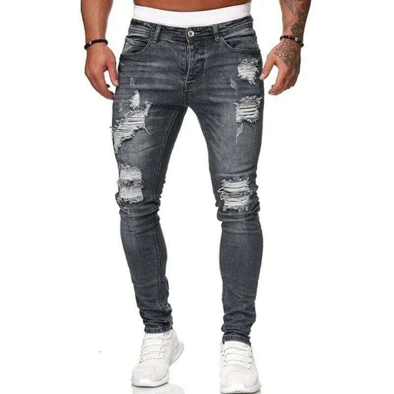 Fashion Street Style Ripped Skinny Jeans Men Vintage wash Solid Denim Trouser Mens Casual Slim fit pencil denim Pants hot sale 26Y0330