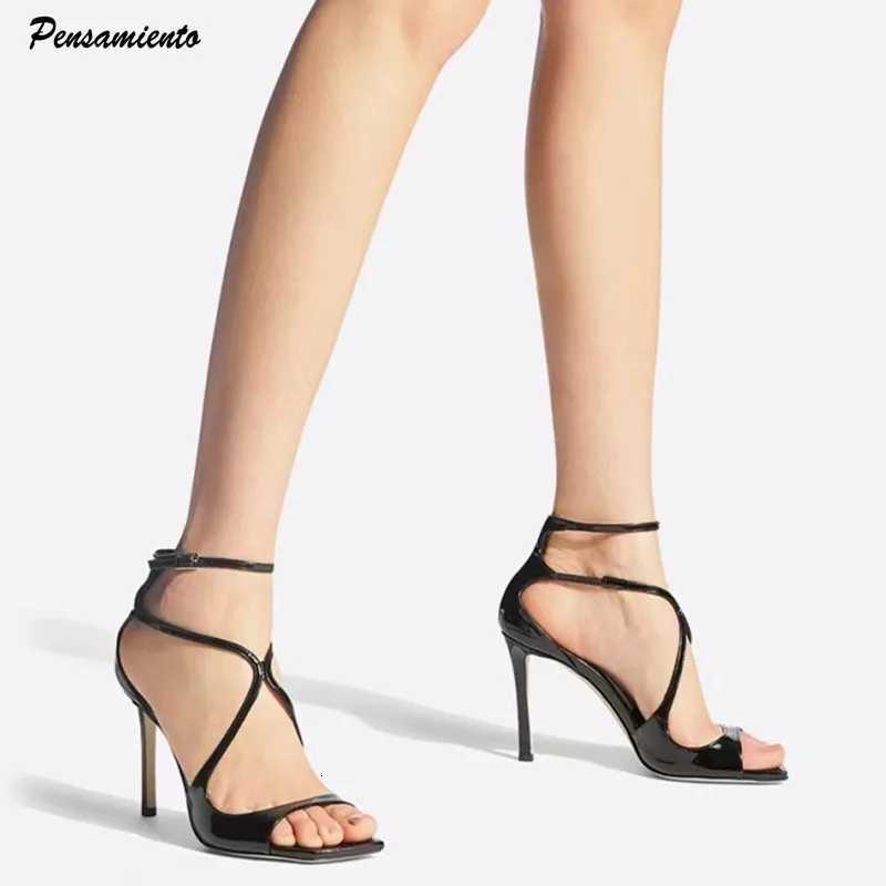 2025 Summer New brand Patent Leather Women Gladiator Sandals Fashion Square toe Stiletto High heels Party Dress Shoes Sandalias Z260330