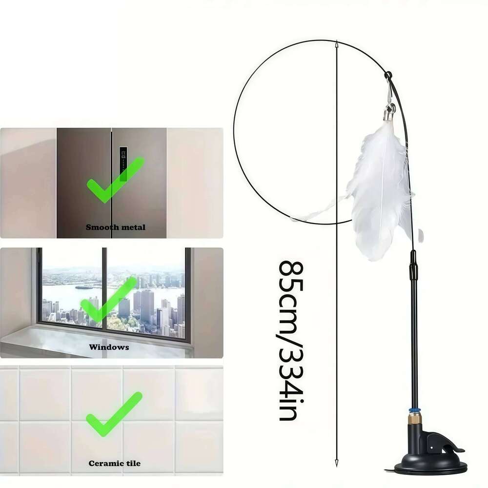 Toy Cat Pole With Bell Extended Rod Suction Cup Durable Bite Teaser Stick Replaceable Feather Head