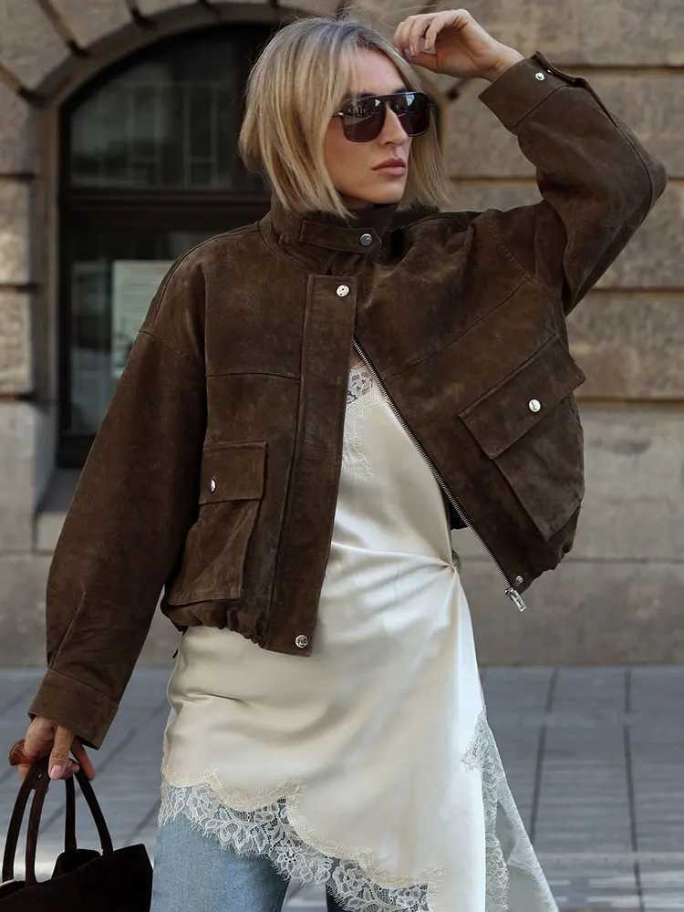 HH Women Vintage Solid Lapel Coats Long Sleeve Zipper Jacket With Pockets 2025 Autumn Fashion Lady High Street Lady OutwearT260328