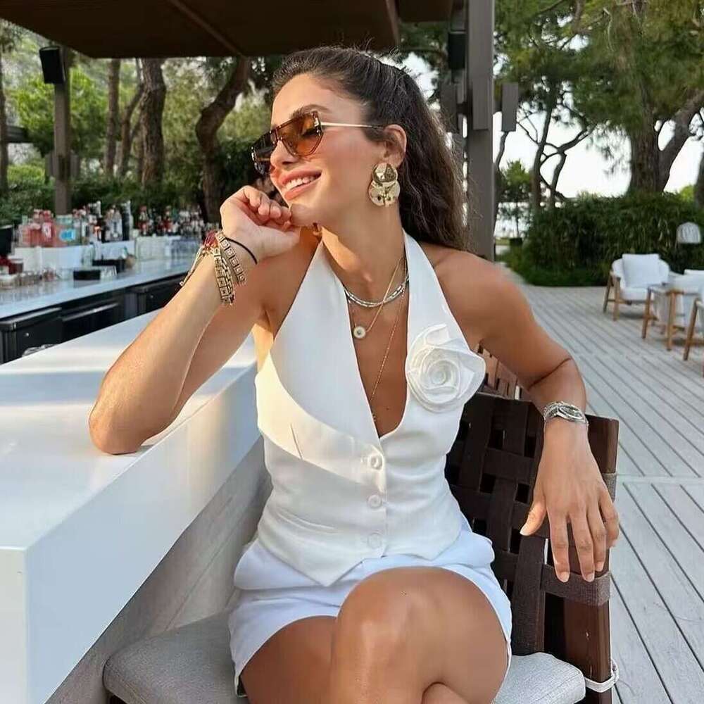 2026 New Women's Clothing Halter Neck V-Neck Floral Decorated Single-Breasted Vest Camisole Top For Women