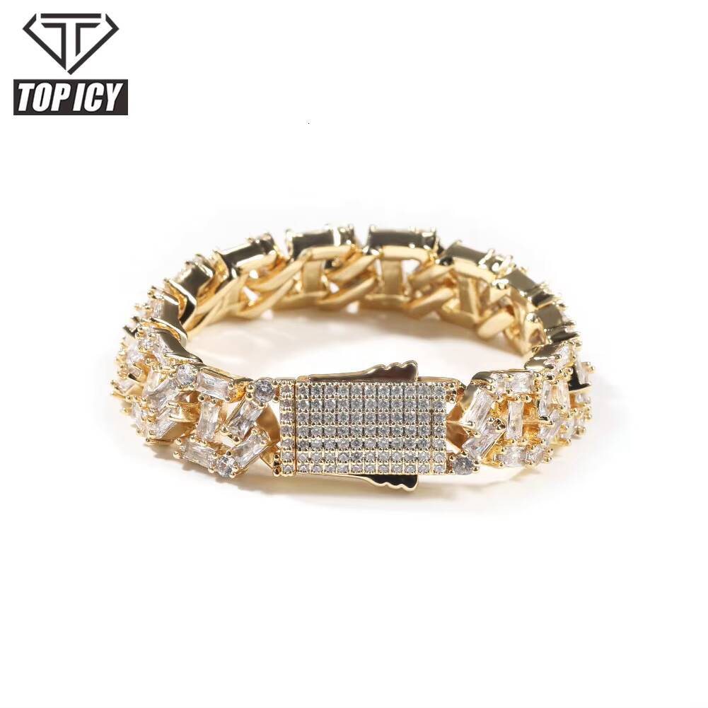 Hot Sale Ins 18K Gold Plated Cuban Bracelet 13mm Cuban Link Chain Iced Out Rectangle CZ Hip Hop Jewelry Men Silver Gold Bracelet