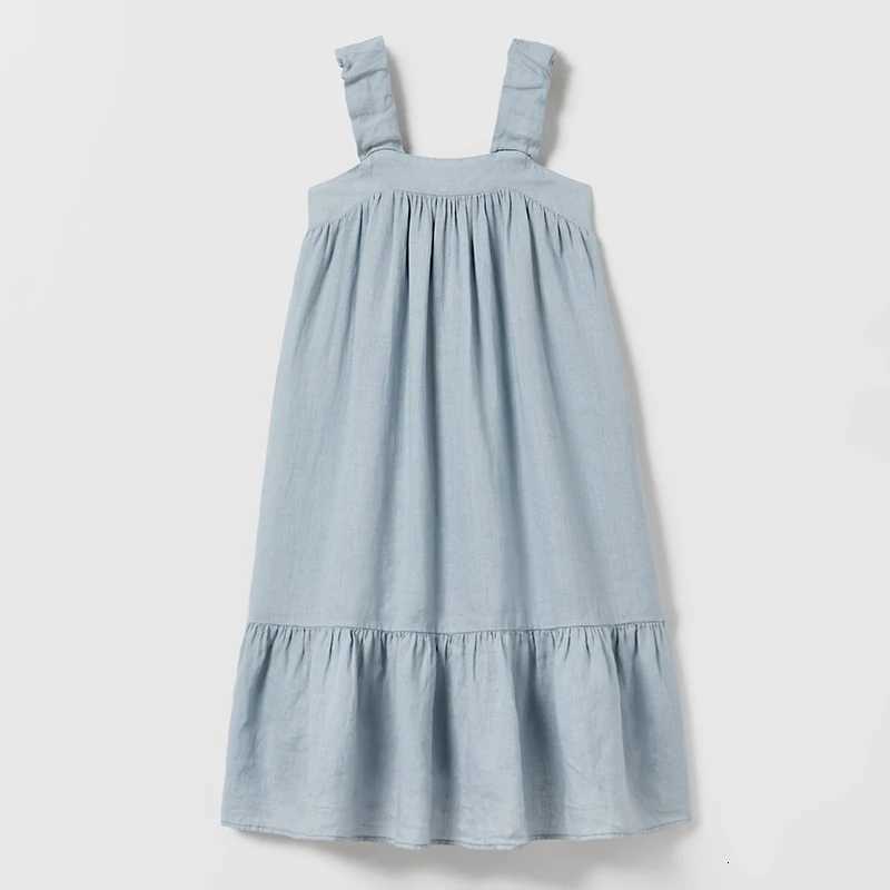 Girls Cotton And Linen Sleeveless Straps Dress Summer New Ruffled Hem Casual Vacation Backless Linen DressesT260330