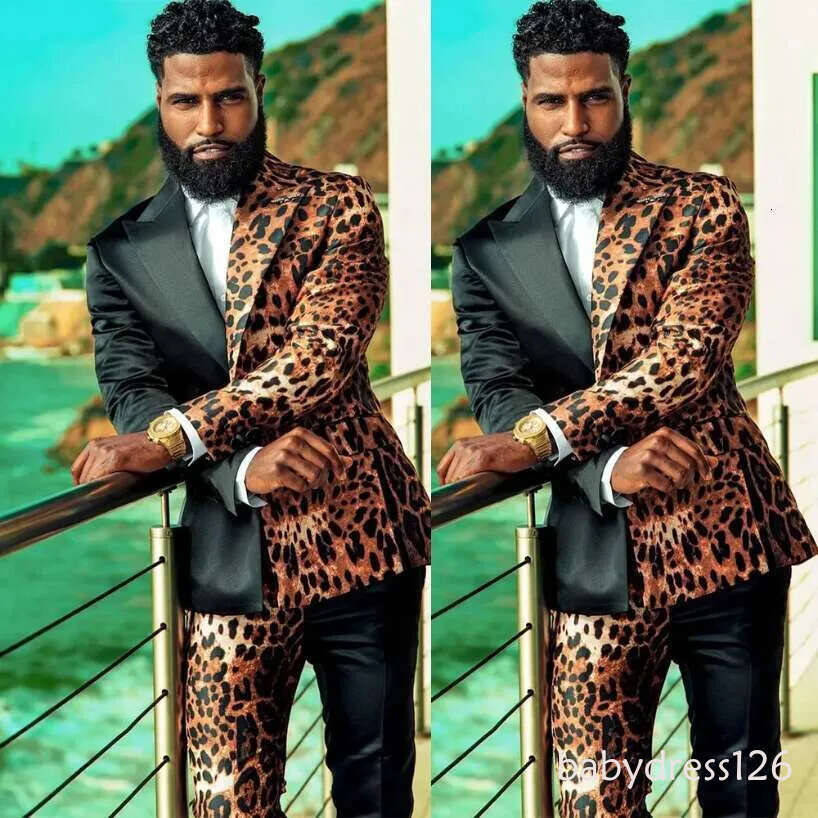 Unique Leopard Men Wedding Tuxedos 2 Pieces Groom Pants Suits Party Prom Jacket Business Wear Outfit traje hombre ZD19