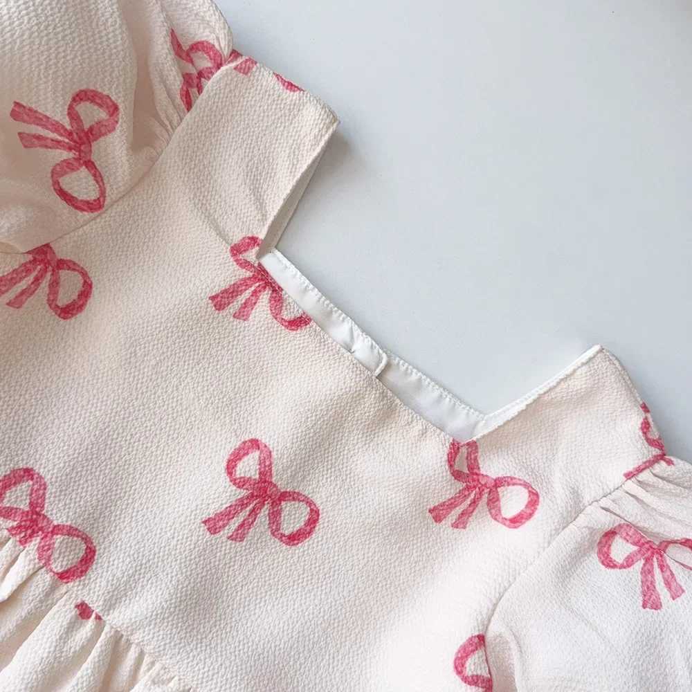 Bear Leader Summer Short Sleeved Girls Casual Dresses Pink Bow Print Square Neck Sweet Princess Dress Daily Simple Kids ClothesT260330