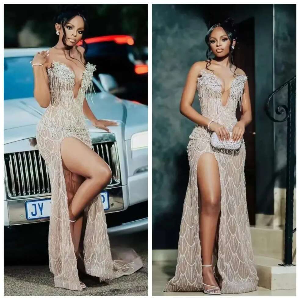 Sparkly V Neck Long Evening Dress For Black Girls Sequined Birthday Dresses Beaded Crystal High Slit Prom Pageant Gowns Customized robe de soiree mari