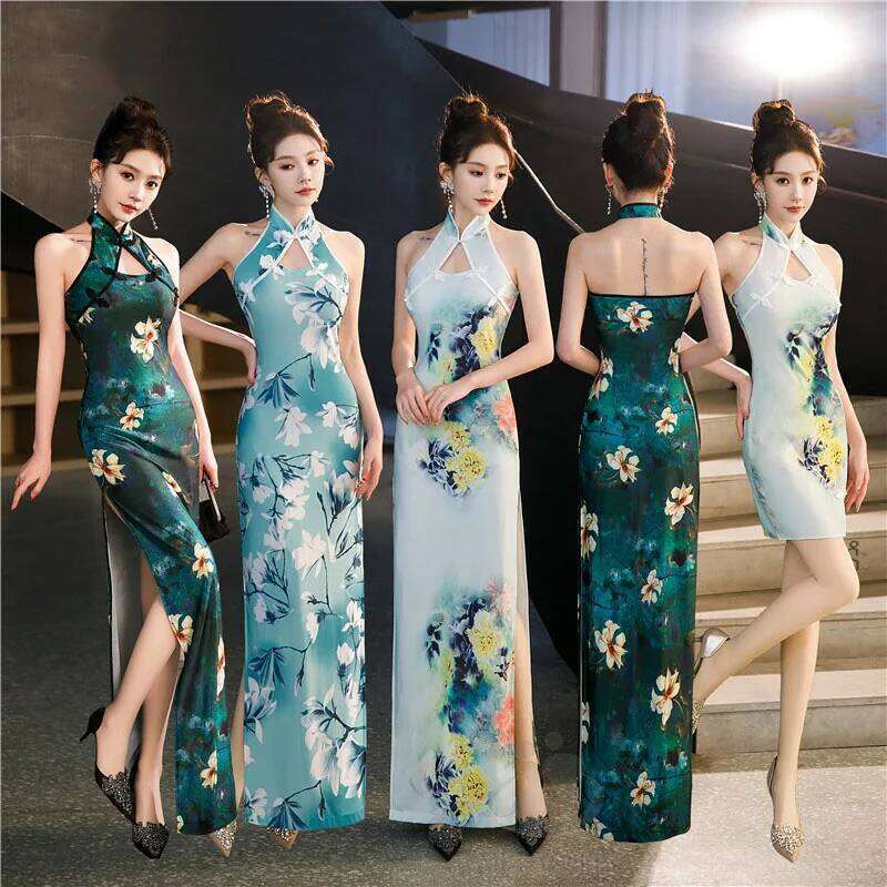 Green Blue Chinese National Cheongsam Women Summer Sexy Backless Sleeveless Floral Vintage Dress Long Qipao S To 5Xl MAKOUFEI