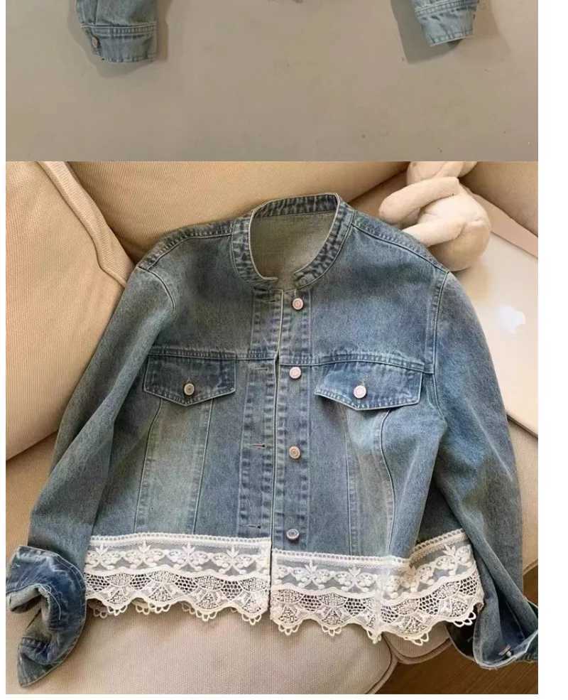New jacket Denim jacket Early spring Retro Washed Small Collar Lace Stitching Loose Casual Denim Jacket Womens Short ParagraphT260328
