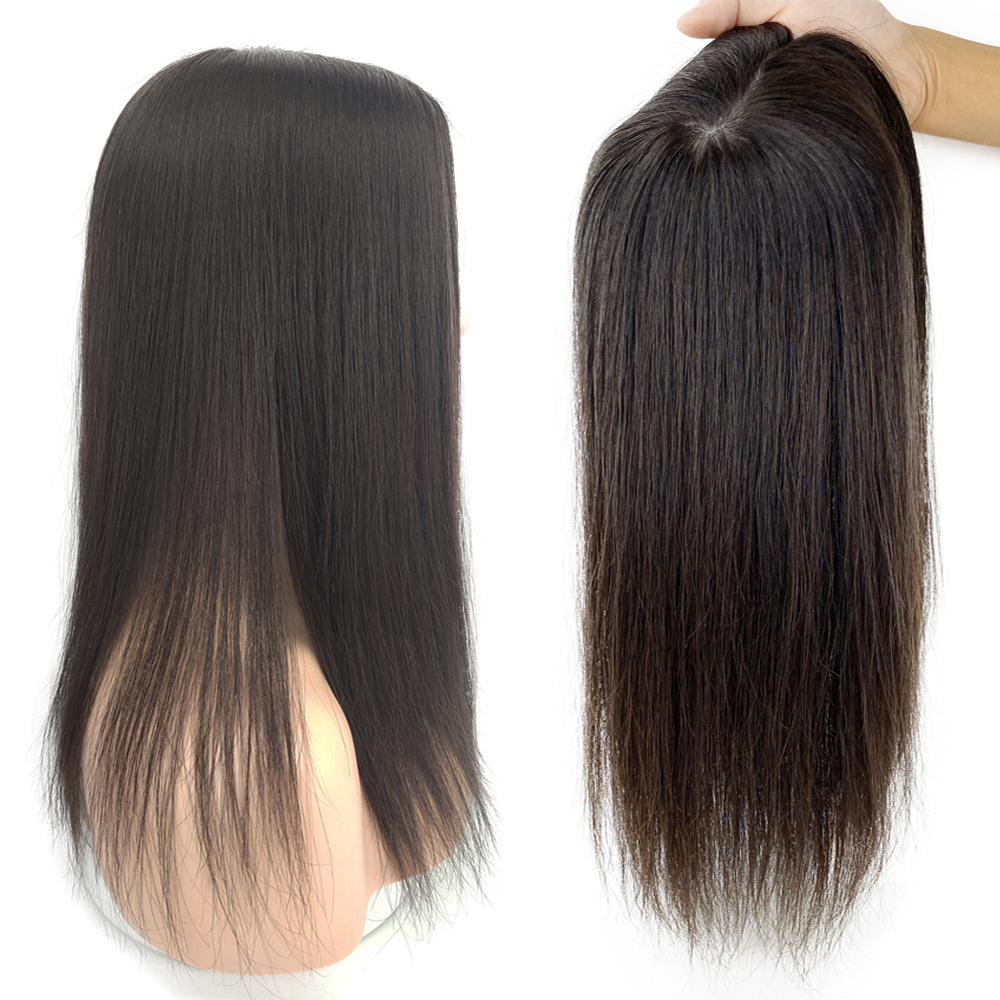 100 % Human Hair Darkest Brown Full Thin Skin Base Topper with Front Hair Line for Thinning Hair Female