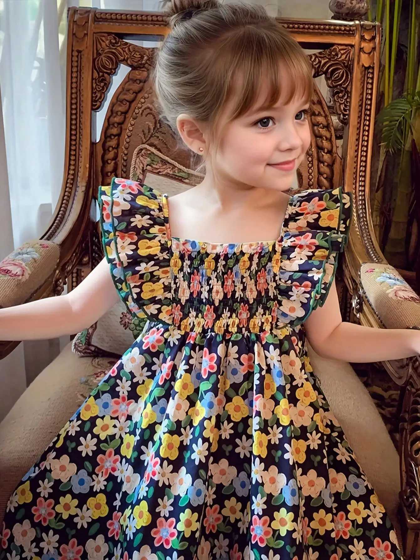 Girls mid length dress with ruffle sleeves cool summer style suitable for parties and casual wear A-line cut girls dressT260330