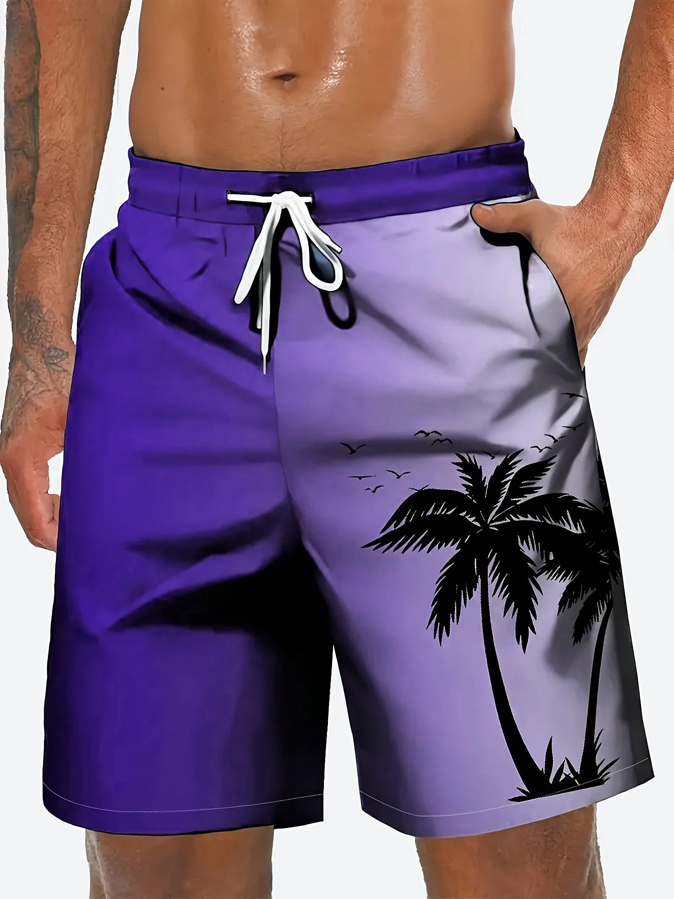 2026 Harajuku-Style Coconut Tree Print Beach Shorts Summer Mens Palm Tree Gradient Surf Shorts Hawaiian-Inspired Cool Trunks 260327