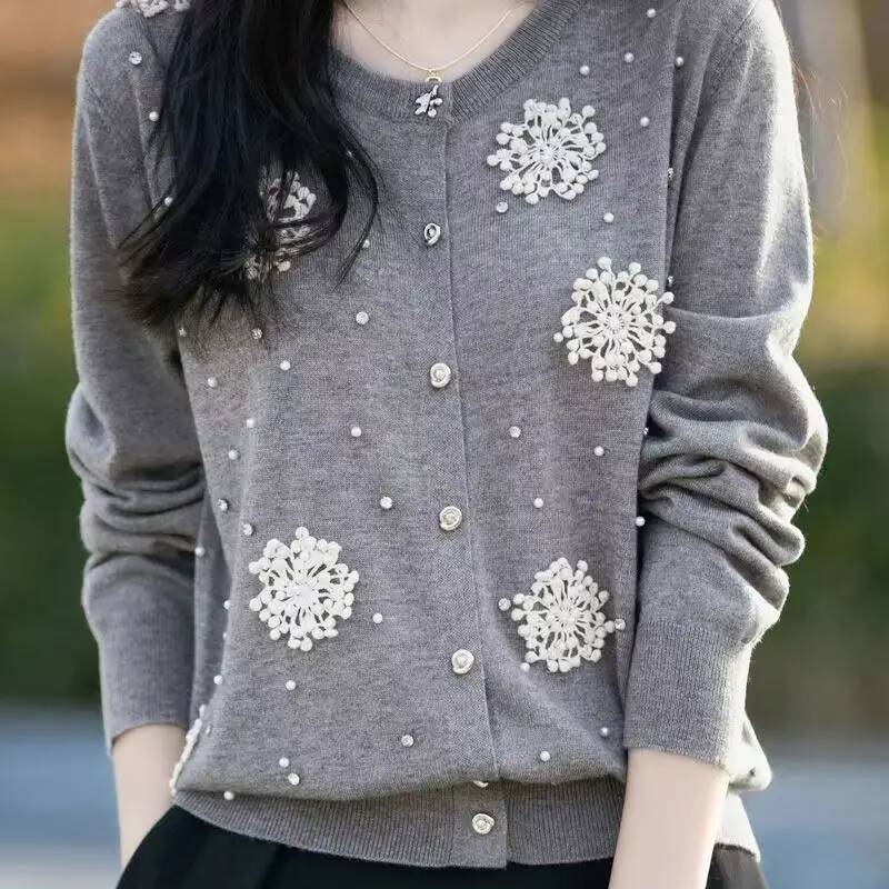 Fashionable French Knitted Heavyweight Open Cardigan Embellished 3D Flower Loose Fit Sweater Versatile Casual Chic Top