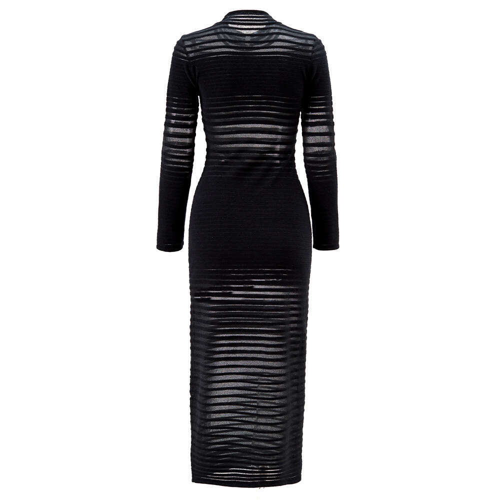 g25 New Spring and Autumn Designer Fashionable and Elegant Fine Yarn Splicing Sexy Long Sleeve Black Knitted Dress