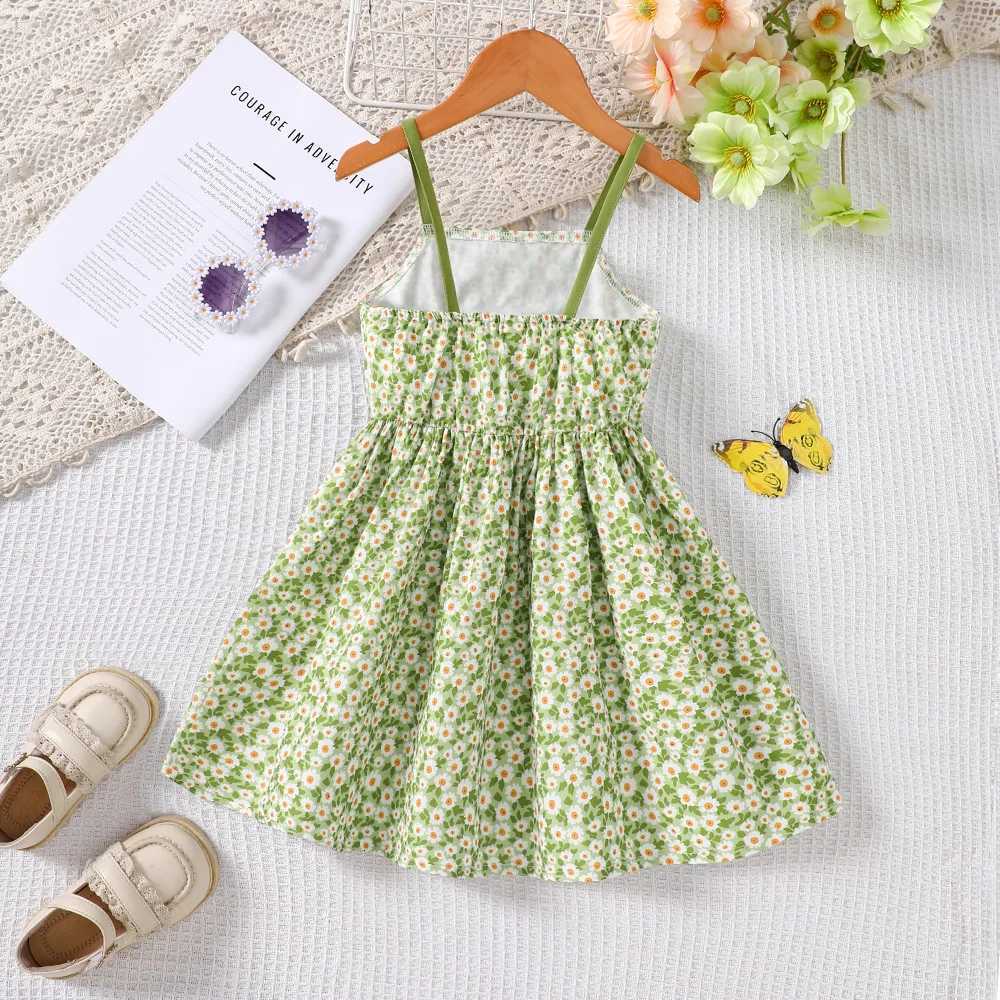 Toddler Girls Green Floral Camisole Dress - Large Bow Decoration on Chest Fresh Sweet Pastoral Dress for Spring SummerT260330
