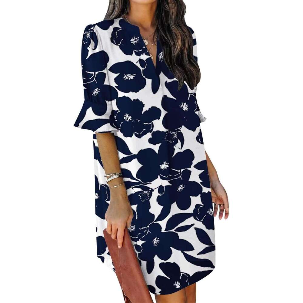 Summer Dresses For Women V Neck Ruffle Short Sleeve Casual Shift Dress Qipao Hanfu Silk