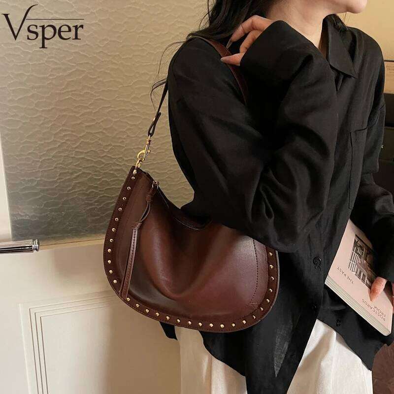 Vsper Retro Studded Underarm Shoulder Hobo Bags For Women PU Leather Pure Color Rivets Decor Luxury Cross Body Bag Liksusie