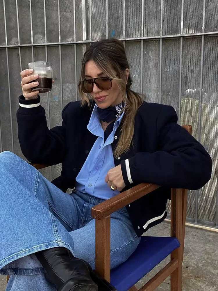 SLTNX Womens Navy Blue Loose Bomber Jacket Spring Casual Streetwear Long Sleeve Front Button Stand Collar Coat OuterwearT260328