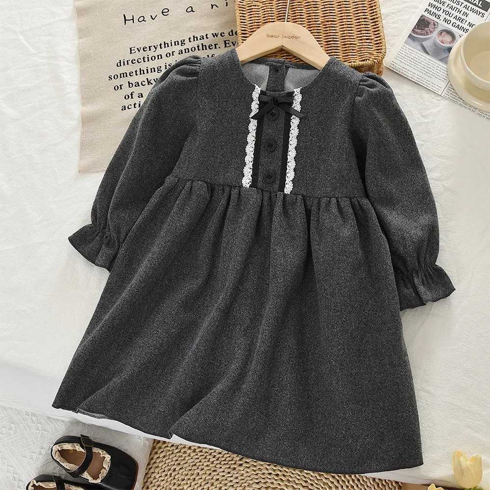 Bear Leader Grey Girls Casual Dresses Spring and Autumn Solid Color Long Sleeved Kids Dress Daily Simple Childrens ClothingT260330