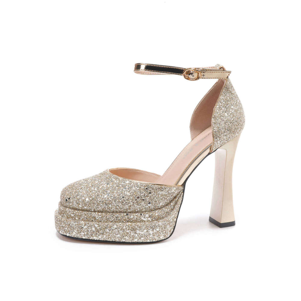 2026 Women Wedding Chunky Heel Glitter Waterproof Platform Mary Jane Lolita Hollow Dress Shoes High Heels