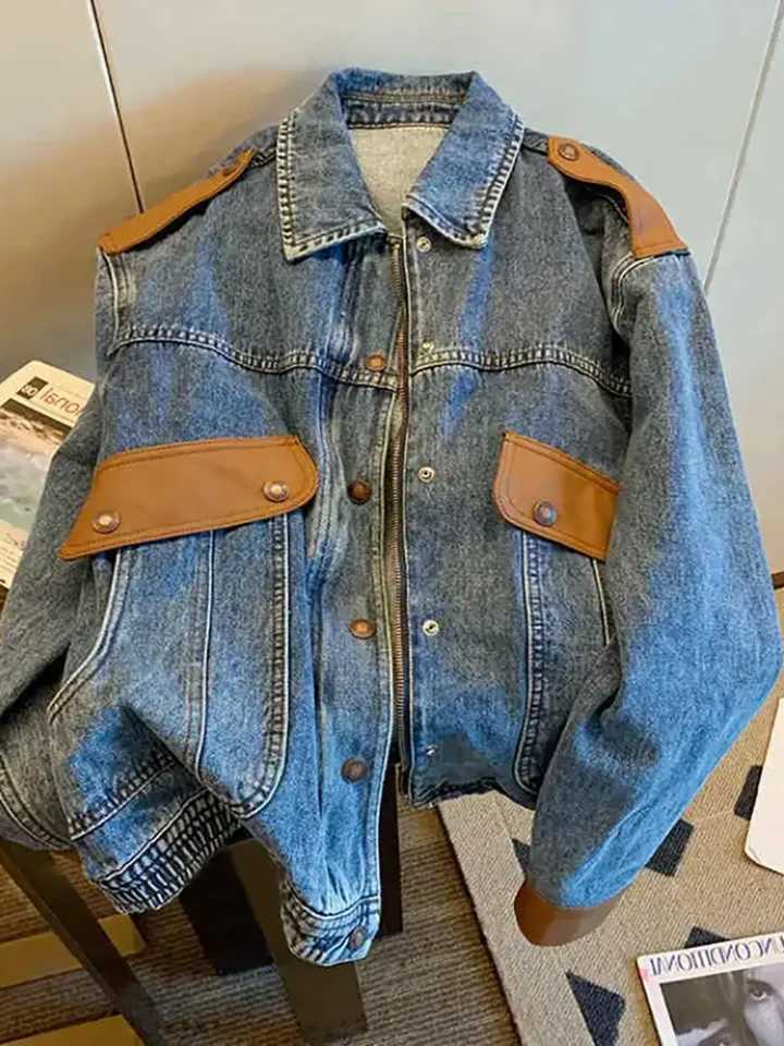 Vintage Stitching Denim Jacket Women Outwear Spring Autumn New Elegant Loose All-Match Design Jeans Jacket Tops Street ClothingT260328