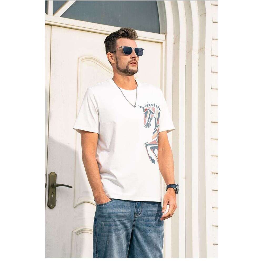 Ma Yue Qiancheng Yingjuelun Horse Year Print Cool Short-Sleeve T-Shirt Men, Breathable Ice Silk Cotton Top For Spring And Summer