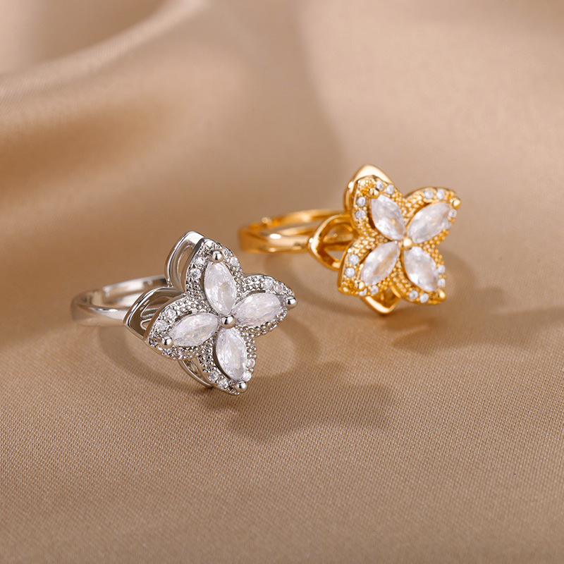 New Rotatable Zircon Flower Open for Women, Unique Design Stress Relief Ring