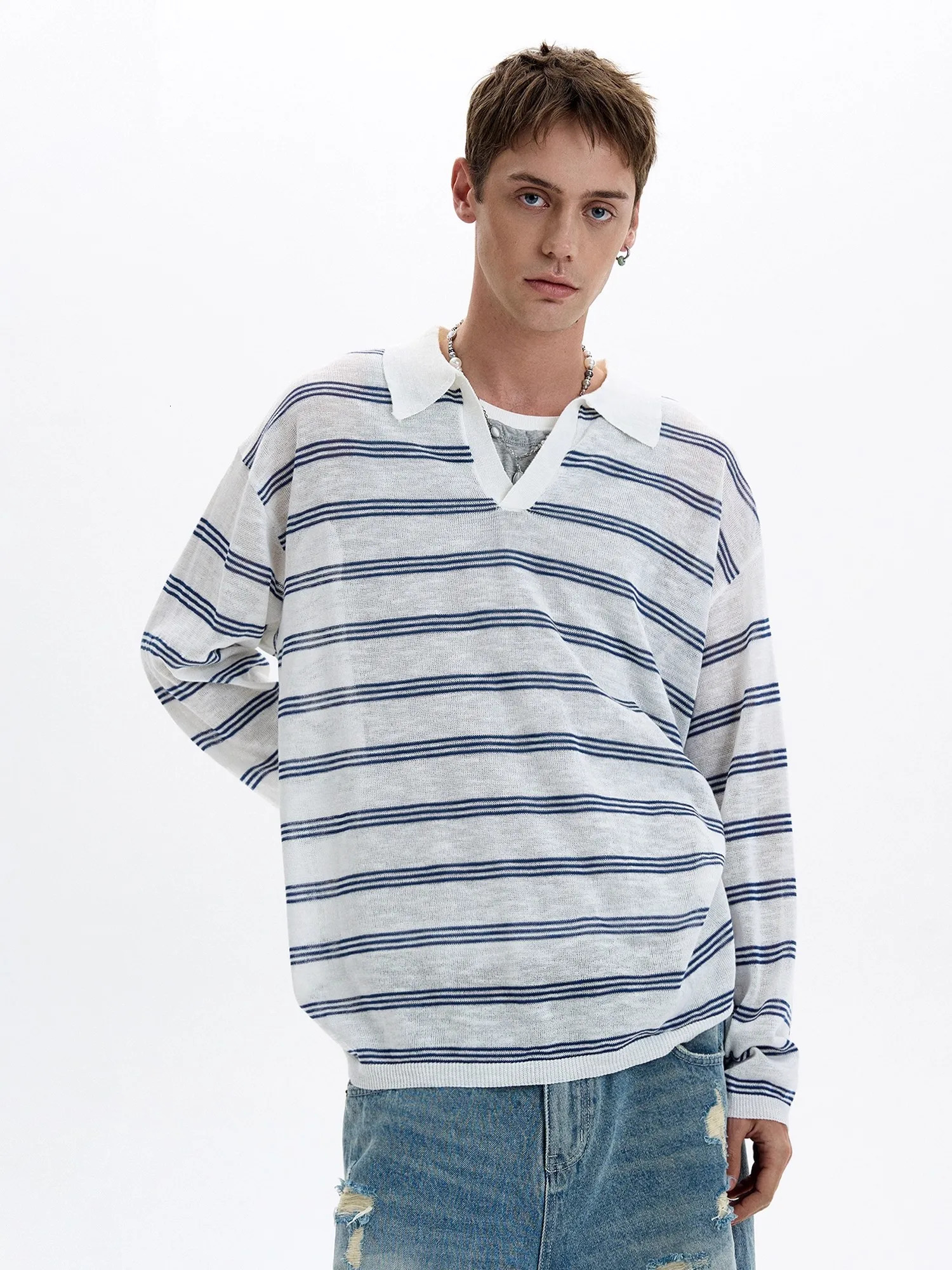 American Retro Striped Contrasting Color V-neck Long-sleeved Polo Shirt Men Women Loose Casual Bottoming Trendy Tops Aesthetic 260326