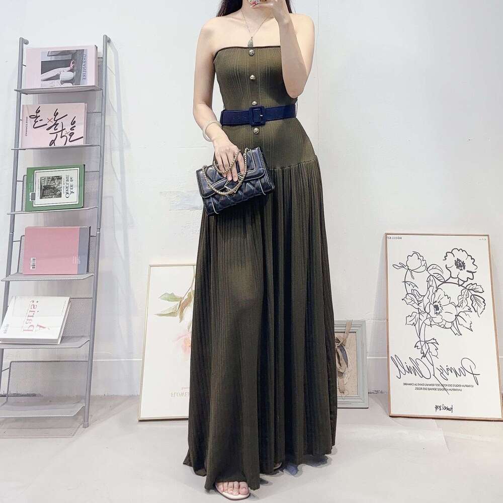 Designer high-end women's D17 French fashion social party strapless long skirt, slim fit waist belt dress