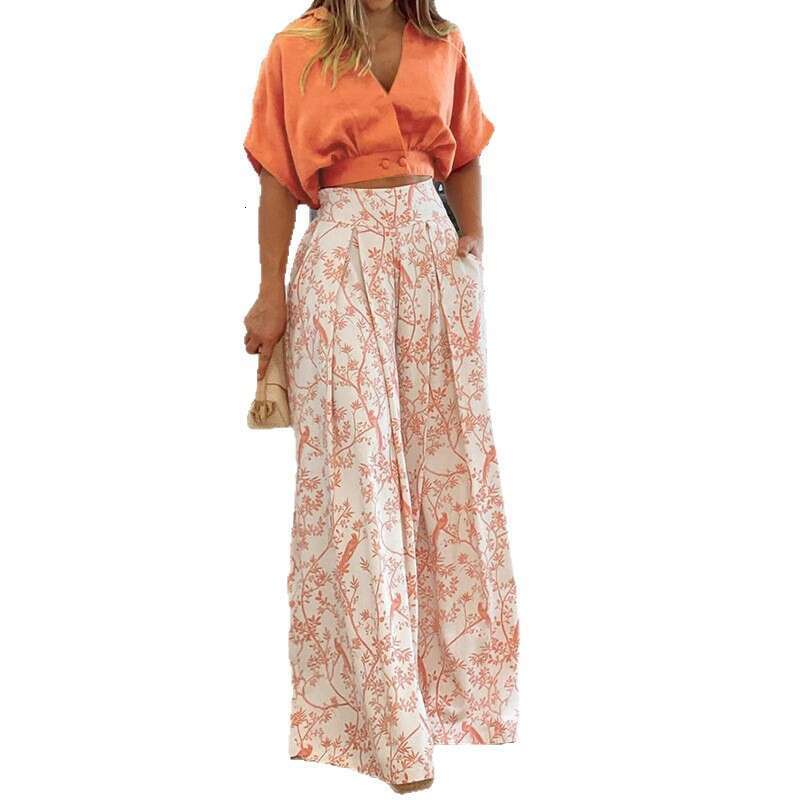 2026 Spring New Collection: Cross-Border European and American Foreign Trade Women's Clothing, Casual Style V-Neck Printed Slim-Fit Short-Sleeve 