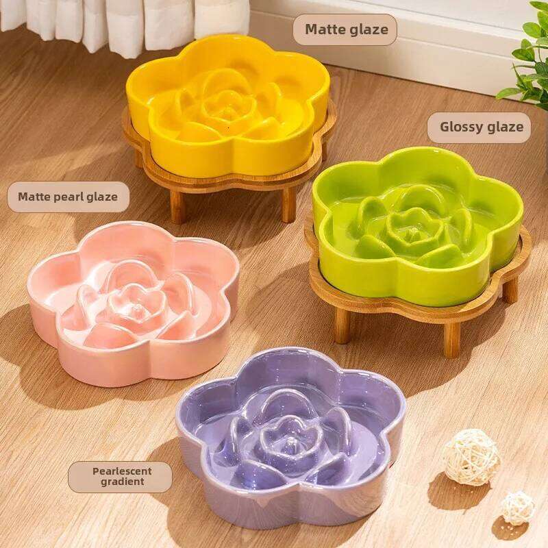Ceramic Slow Anti-choking Medium and Large Dog Food Basin Cat Bowl with Wooden Frame Pet Feeding Supplies With 26W0330
