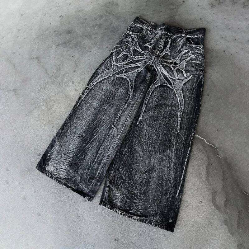 Gothic Retro Oversized Baggy Fit Unisex Mopping Pants Y2K Phantom Jeans High Street Spider Embroidered Patch Hip Hop Streetwear 26Y0330