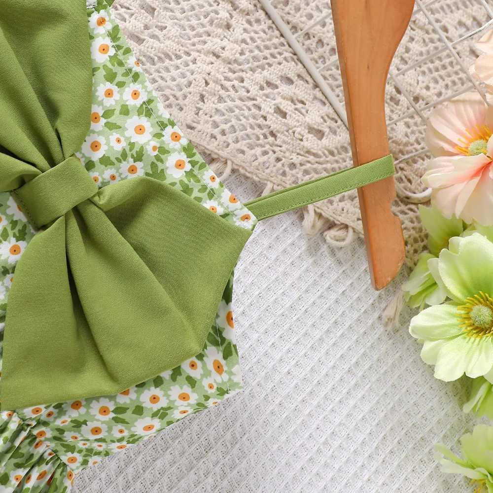 Toddler Girls Green Floral Camisole Dress - Large Bow Decoration on Chest Fresh Sweet Pastoral Dress for Spring SummerT260330