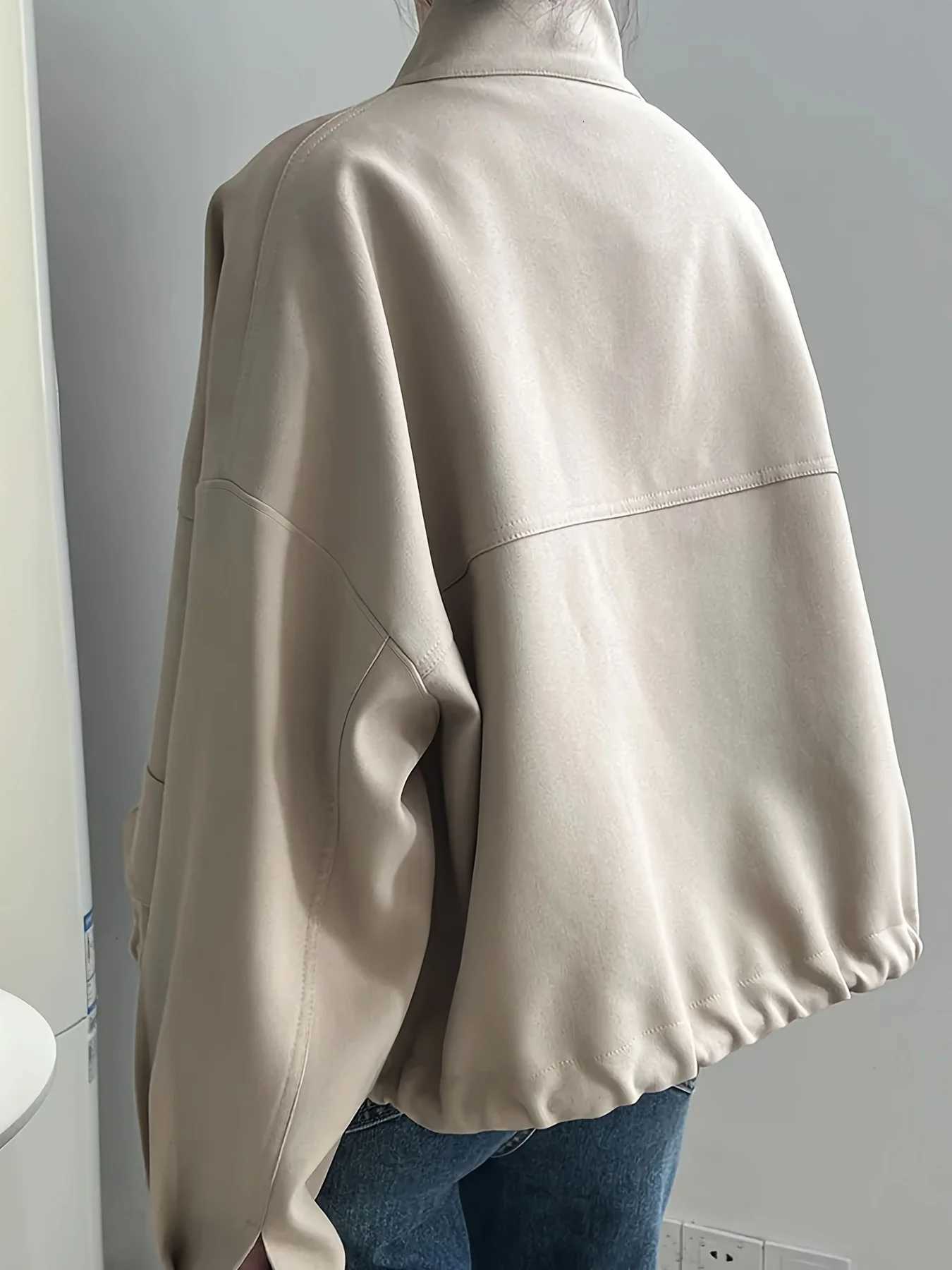 Womens Khaki Oversized Bomber Jacket Stand Collar Casual Short OuterwearT260328