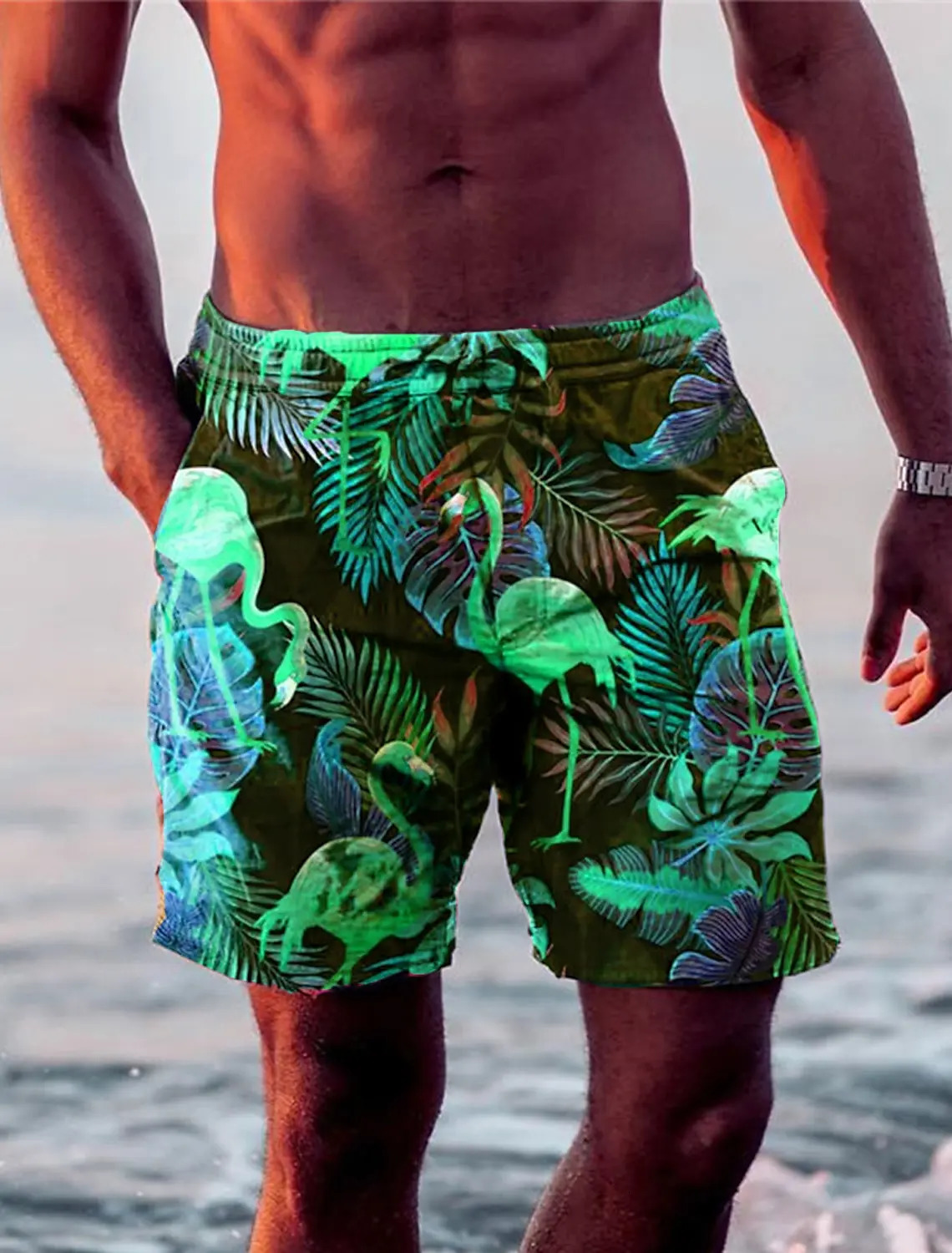 Mens Shorts Swim Trunks Drawstring Leaf Flamingo Graphics Quick Dry Short Casual Holiday Hawaiian Micro-elastic 260330