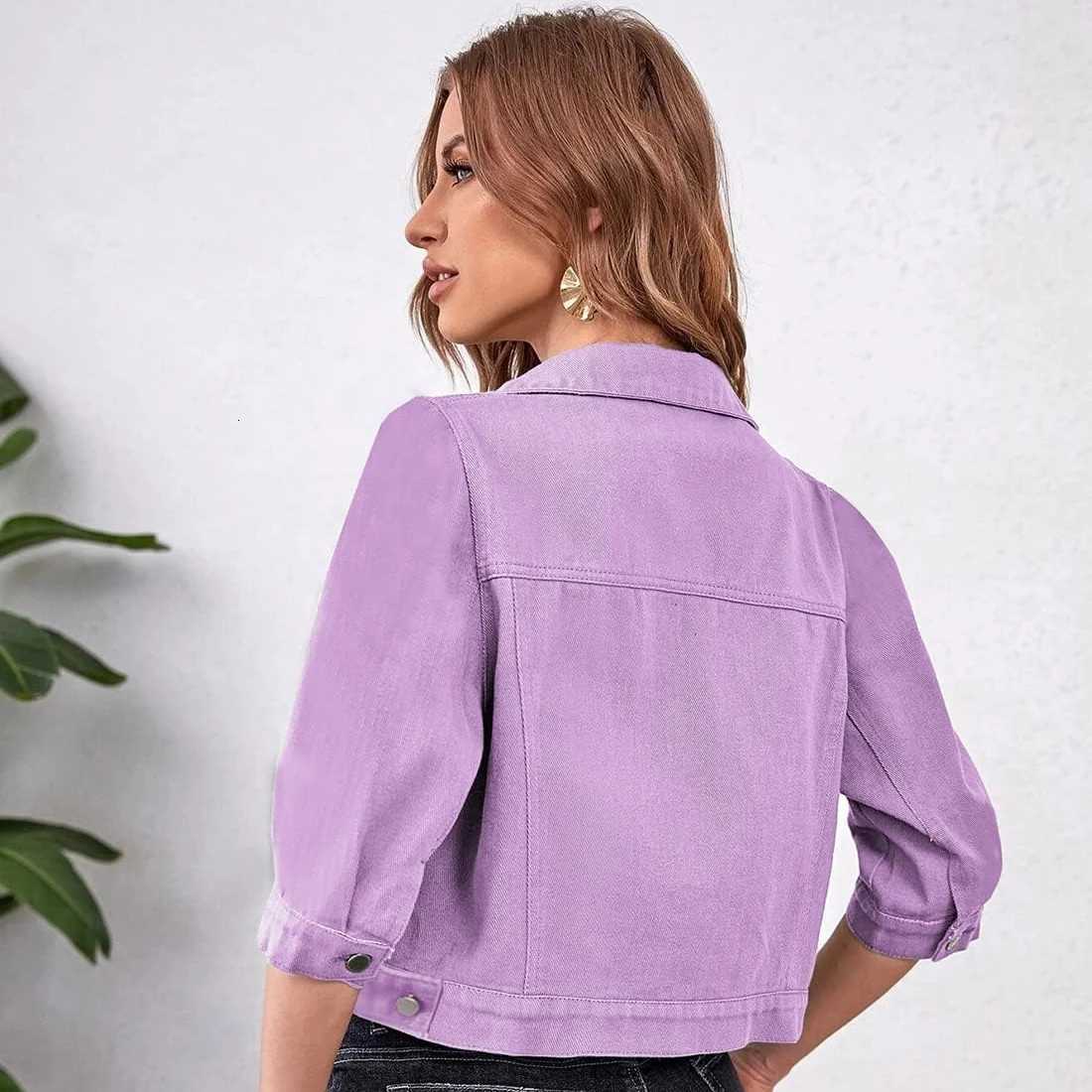 Womens Jean Jacket Cropped Denim Jackets Purple Yellow White Blue Stretchy 3/4 Puff Sleeve Distressed Shacket With PocketsT260328