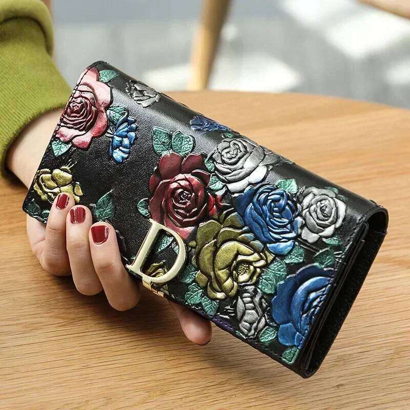 Chinese Embroidery Genuine Leather Female D Embossing Ladies Personality Retro Long Clutch Wallet Women Purse Coin Holders Clutch Bags
