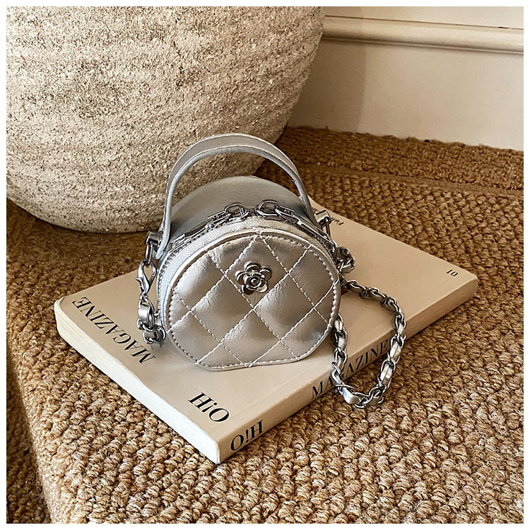 Free Shipping High Value Mini Quilted Round Crossbody Bag for Women Cute Small Handbag with Chain Strap Flower Decor