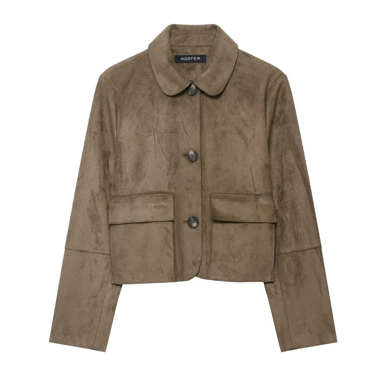 HH Women Vintage Solid Suede Coat Lapel Single Breasted Long Sleeve Jacket With Pockets Autumn Casual Outwear Short JacketsT260328