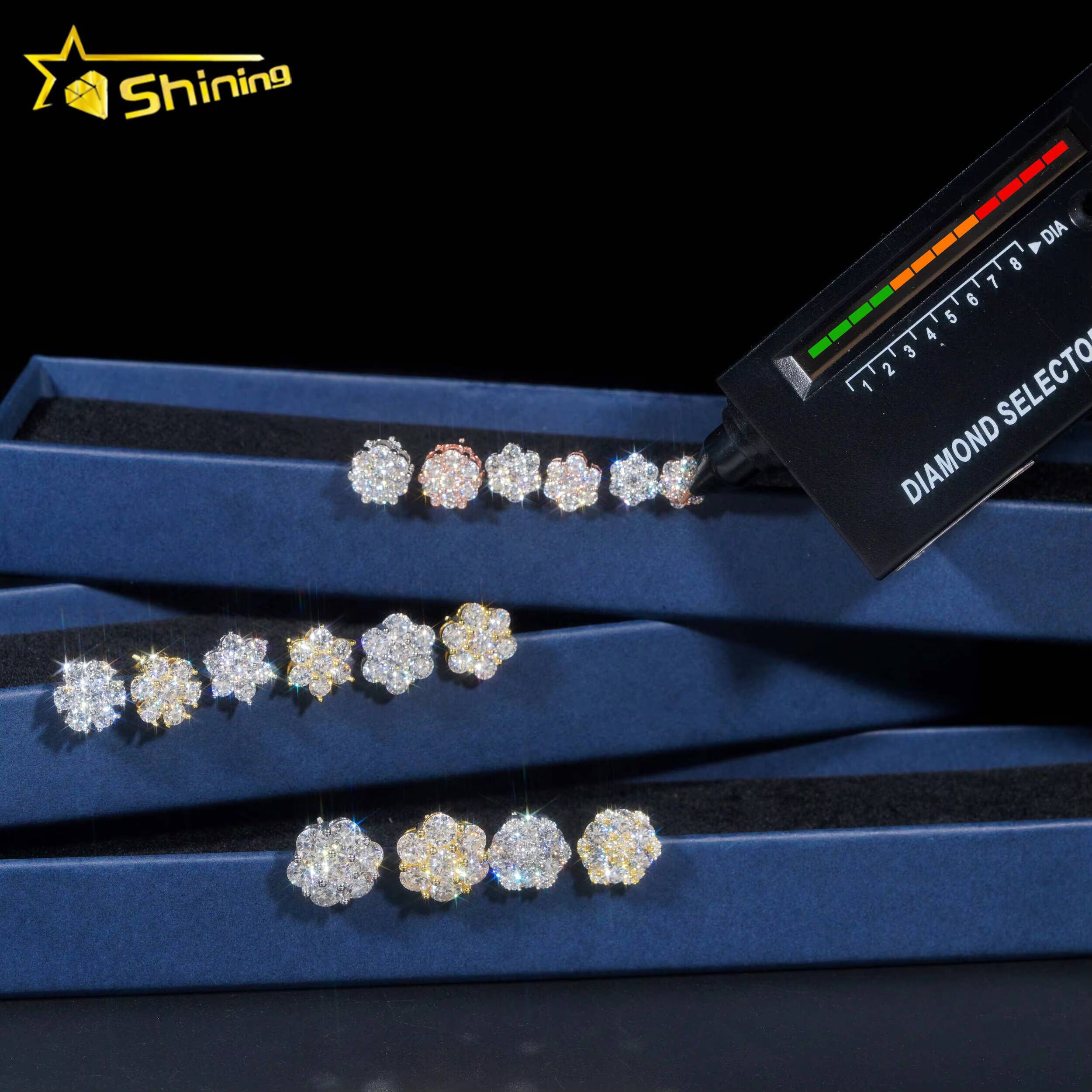 Hot Sale Trendy Cluster Flower Screw Back Stud Earrings 925 Silver Gold Plated Moissanite Pass Diamond Test Stud Earring