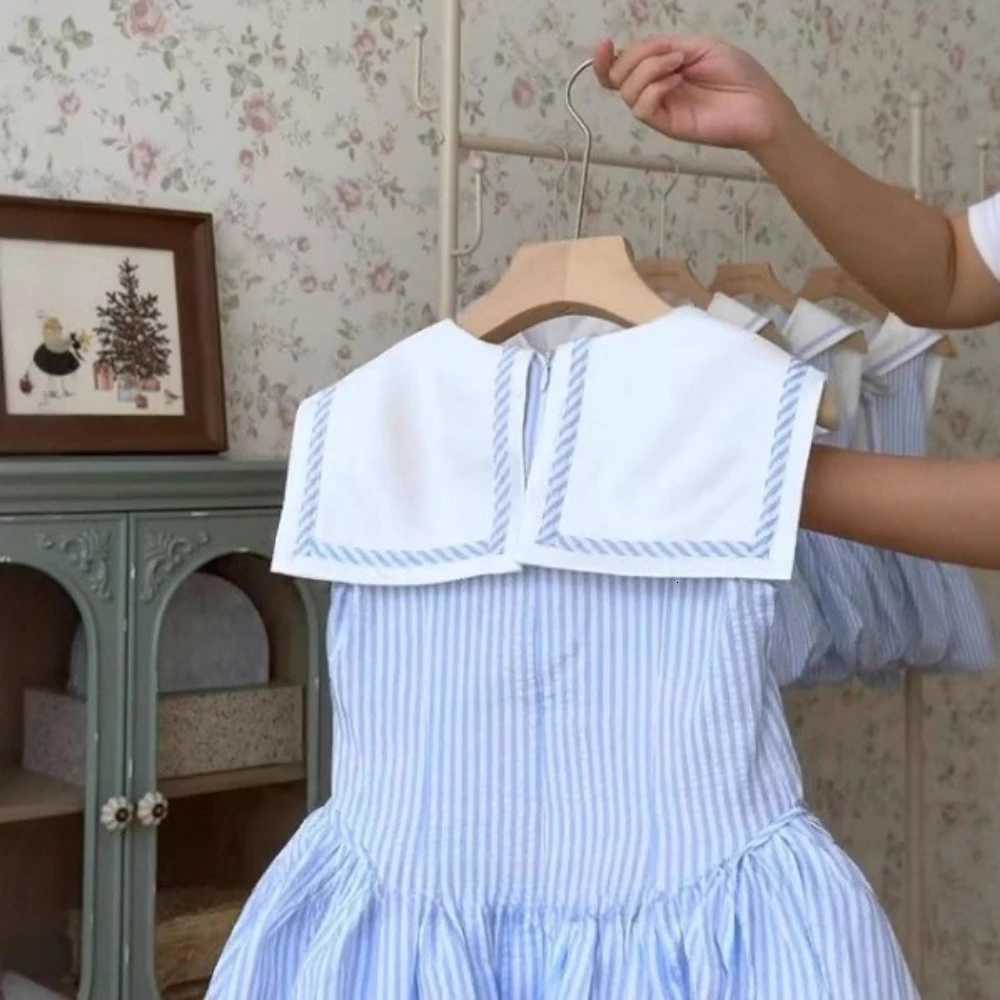 Bear Leader Summer Blue Striped Printed Princess Dress Sleeveless Collar Splicing Girls Dresses Korean Version Kids Casual WearT260330