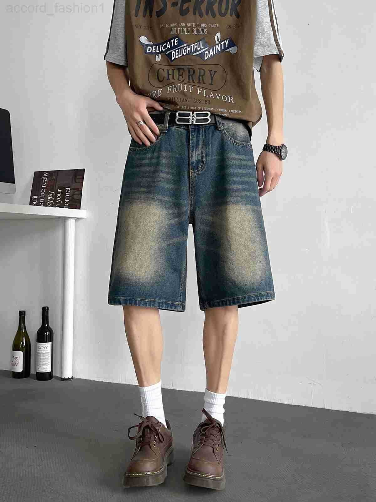 2025 Men Summer Vintage High Waist Denim Shorts Mens Loose Wide-leg Short Pants Male Fashion Pockets Straight Jeans Shorts D533 H260330