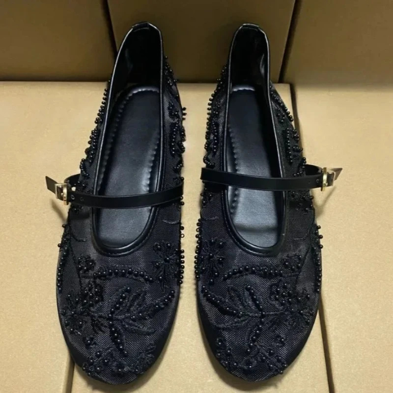 Black Mesh String Bead Ballet Flats Women Elegant Embroider Flower Buckle Mary Jane Shoes Comfort Round Toe Shoes 260323