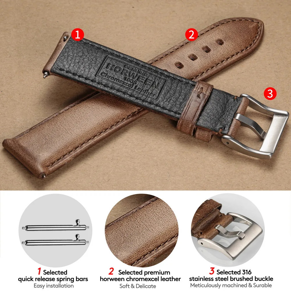 Hemsut Cowhide Leather Watch Bands Quick Release Handmade HORWEEN 100Genuine Leather Wrist Straps 18mm 19mm 20mm 21mm 22mm 260324