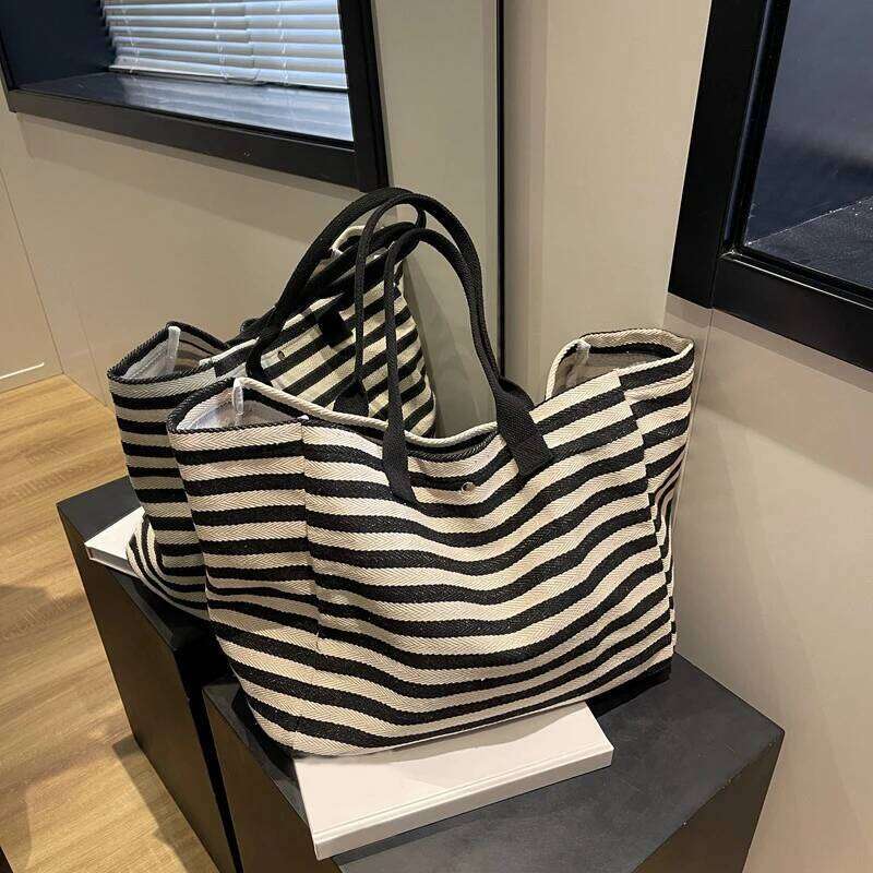 Casual Striped Canvas For Women Large Capacity Shoulder Daily Shopping Totes Student Bookbag For School Travel Beach Bag XIU LAI SI