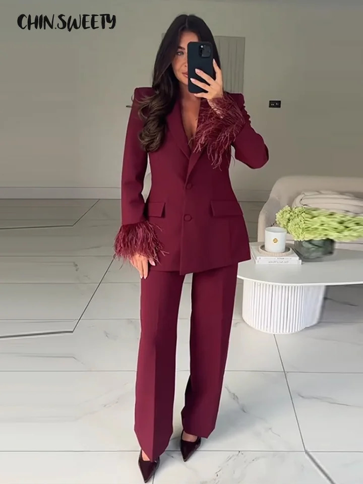 Elegant Feathers Women Blazer Pants Suit Lapel Button Coat Straight Wide Leg Trousers Lady Set 2026 Spring Female Outfits 260325