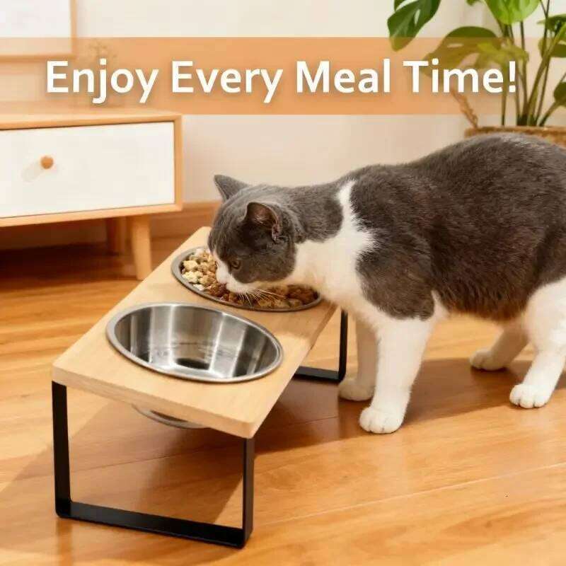 Elevated 15 Tilted Raised Cat Food with Wooden Stand Anti Vomiting 2Stainless Steel Bowls for Cats and Puppy 26W0330