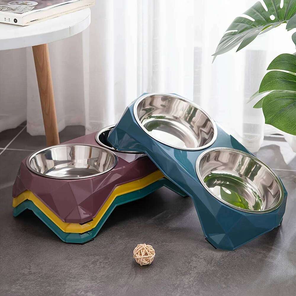 FGG Stainless Steel Double Upgraded Diamon Pattern Large Capacity Food Bowl for Dog Cat Non-slip Pet Water Feeder Bowls 26W0330